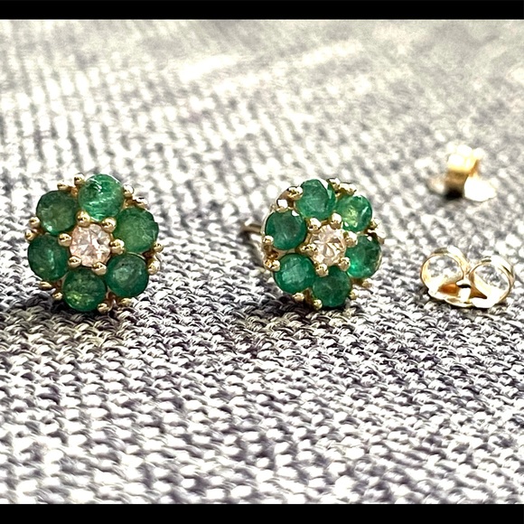 Emerald Flower Stud Earrings in 14k Gold + Emerald Gemstones Green  $950 - Picture 6 of 16